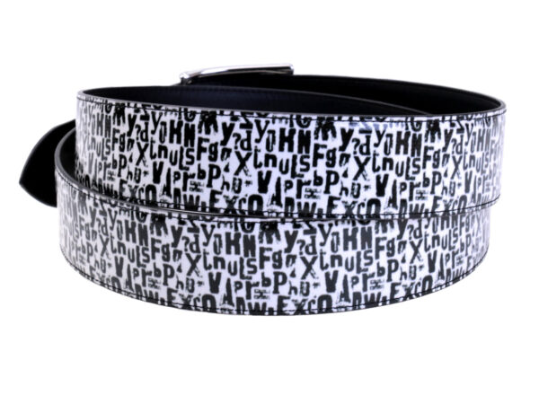 BLACK AND WHITE MEN'S BELT WITH LETTERING FANTASY MADE OF LORRY TARPAULIN.