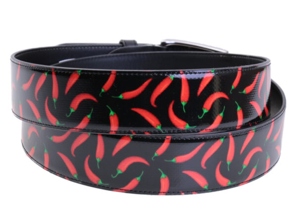 BLACK MEN'S BELT "CHILI PEPPERS" MADE OF LORRY TARPAULIN.