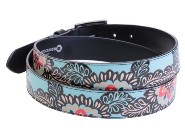 LIGHT BLUE WOMEN'S BELT WITH FLORAL FANTASY MADE OF LORRY TARPAULIN.