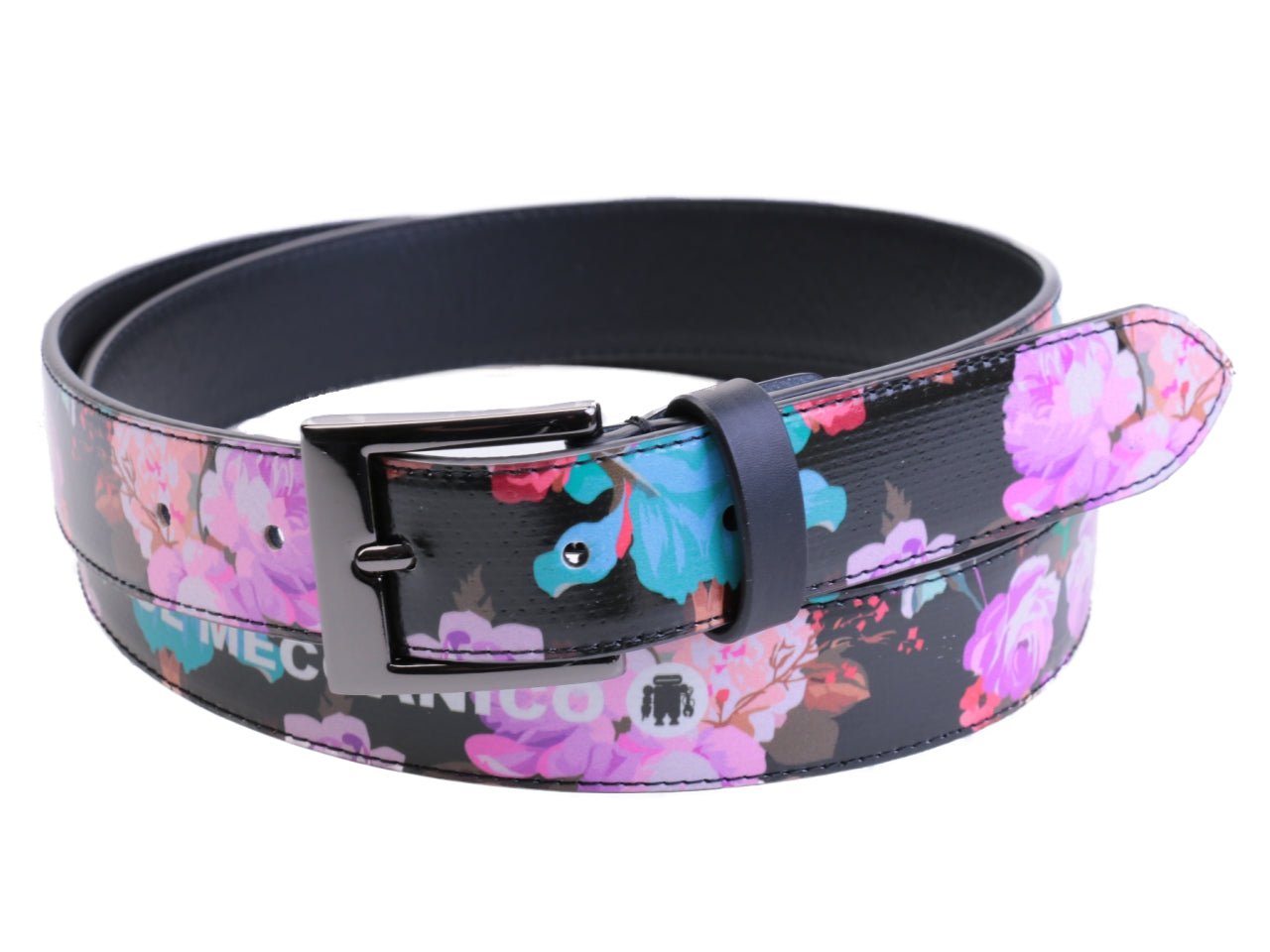 BLACK WOMEN'S BELT WITH FLORAL FANTASY MADE OF LORRY TARPAULIN.