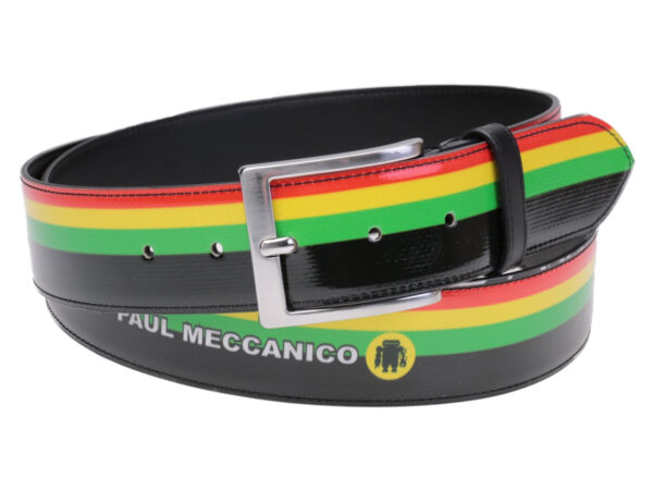 STRIPED MEN'S BELT BLACK FOREST, GREEN, YELLOW AND RED COLOURS MADE OF LORRY TARPAULIN.