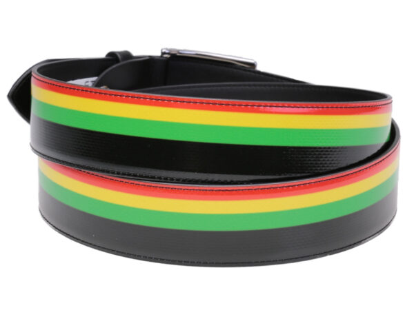 STRIPED MEN'S BELT BLACK FOREST, GREEN, YELLOW AND RED COLOURS MADE OF LORRY TARPAULIN.