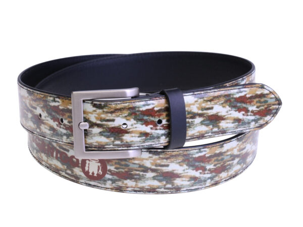 ...BEIGE MEN'S BELT WITH CAMOUFLAGE FANTASY MADE OF LORRY TARPAULIN.