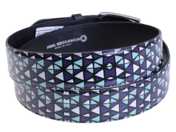 MEN'S BELT LIGHT BLUE, WHITE AND VIOLET WITH GEOMETRIC FANTASY MADE OF LORRY TARPAULIN.