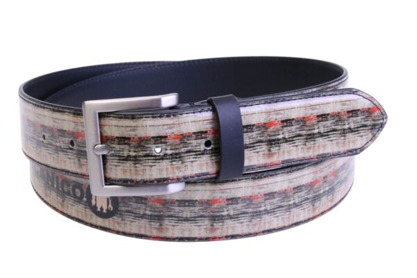 BLACK AND BEIGE MEN'S BELT WITH ETHNIC FANTASY MADE OF LORRY TARPAULIN.