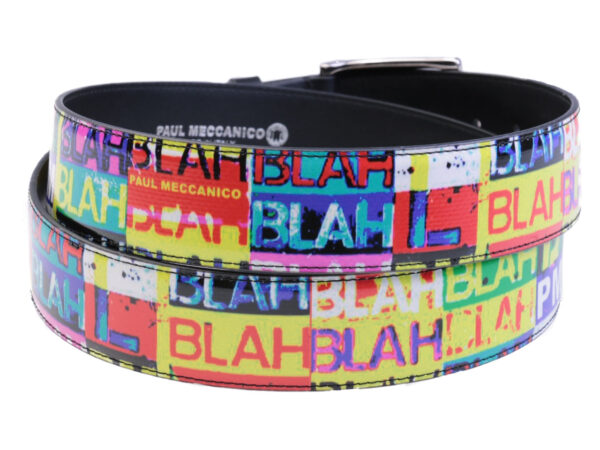 MULTICOLOR MEN'S BELT "BLA BLA BLA" MADE OF LORRY TARPAULIN.