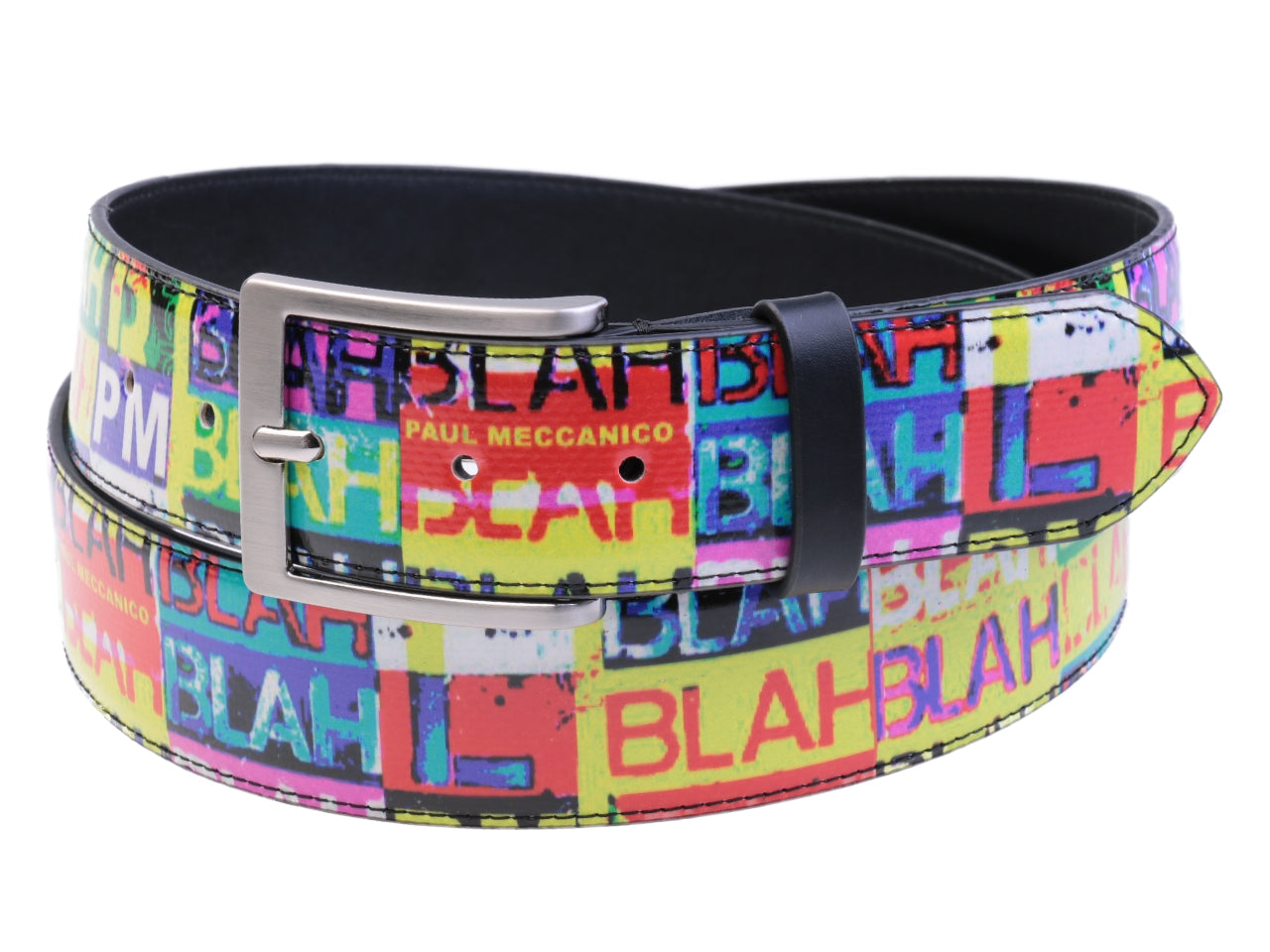 MULTICOLOR MEN'S BELT "BLA BLA BLA" MADE OF LORRY TARPAULIN.