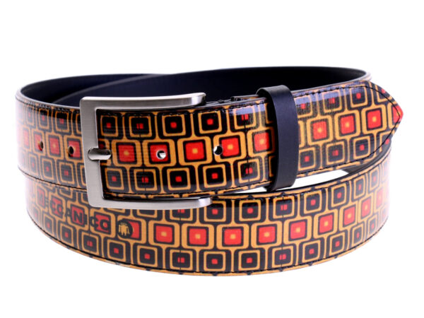 ORANGE MEN'S BELT WITH GEOMETRIC FANTASY MADE OF LORRY TARPAULIN.