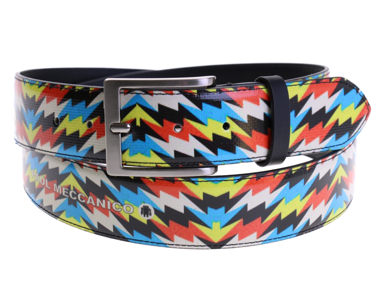 MULTICOLOR MEN'S BELT WITH GEOMETRIC FANTASY MADE OF LORRY TARPAULIN.