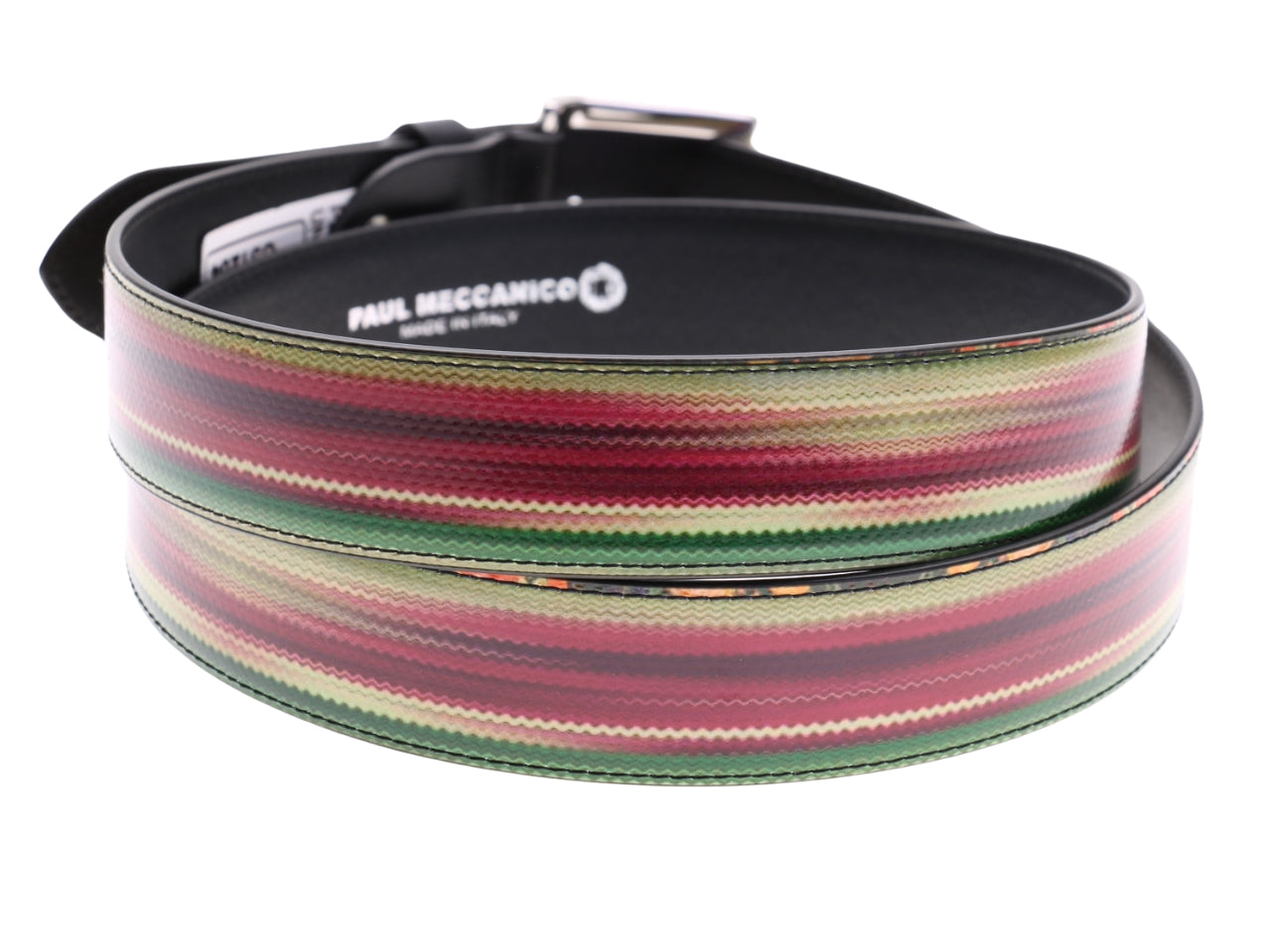 .CINTURA DA UOMO VIOLA, VERDE E BEIGE CON FANTASIA TIE DYE REALIZZATA CON TELONI DI CAMION.