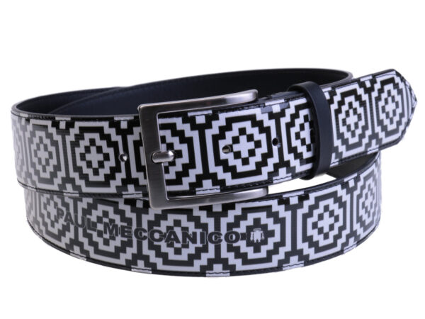 BLACK AND WHITE MEN'S BELT OPTICAL FANTASY MADE OF LORRY TARPAULIN.