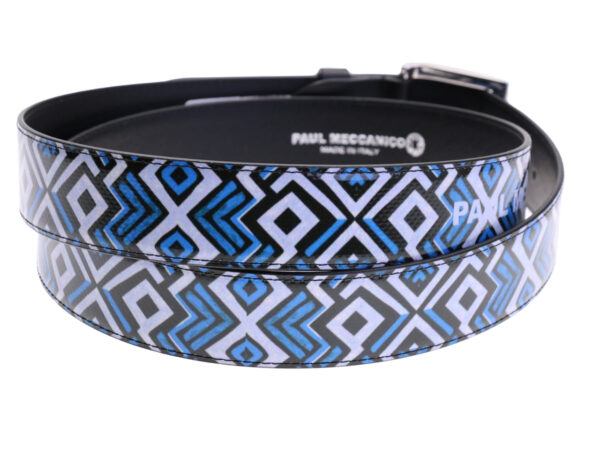 .LIGHT BLUE MEN'S BELT WITH GEOMETRIC FANTASY MADE OF LORRY TARPAULIN.