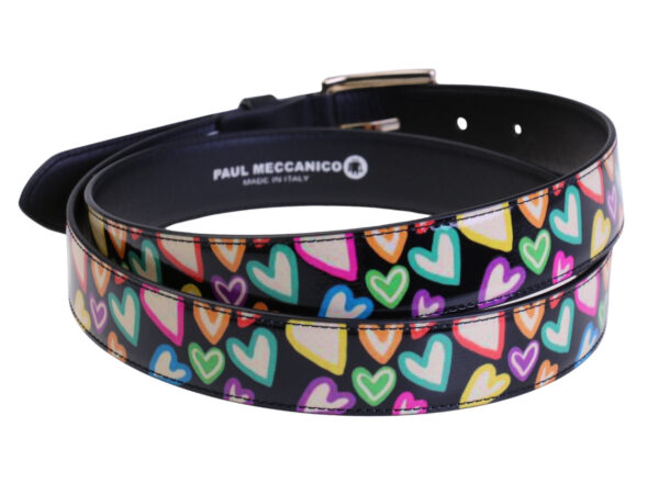 .BLACK WOMEN'S BELT WITH "MULTICOLOR HEARTS" MADE OF LORRY TARPAULIN.
