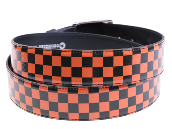 MEN'S BELT BLACK AND ORANGE COLOURS WITH CHESS FANTASY MADE OF LORRY TARPAULIN.