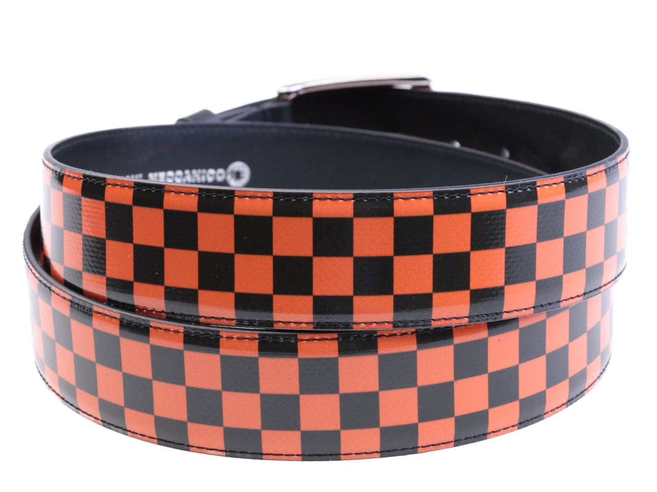 CINTURA DA UOMO DI COLORE NERO E ARANCIONE CON FANTASIA A SCACCHI REALIZZATA CON TELONI DI CAMION.