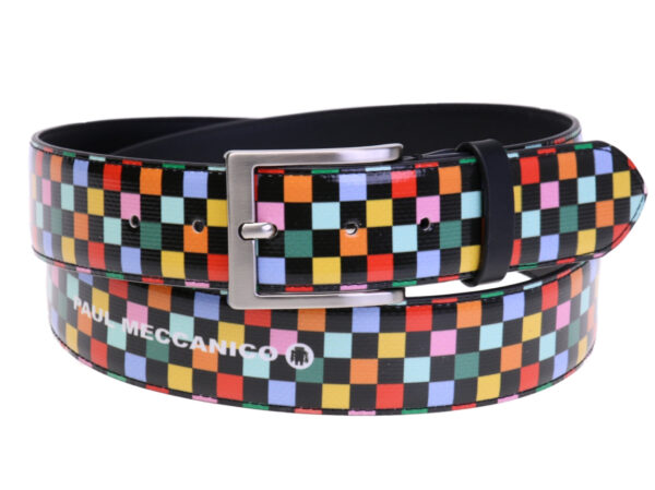 MULTICOLOR MEN'S BELT WITH GEOMETRIC FANTASY MADE OF LORRY TARPAULIN.