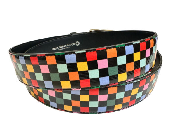 MULTICOLOR MEN'S BELT WITH GEOMETRIC FANTASY MADE OF LORRY TARPAULIN.