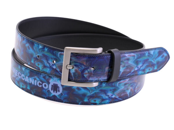 -BLUE MEN'S BELT WITH TIE DYE FANTASY MADE OF LORRY TARPAULIN.