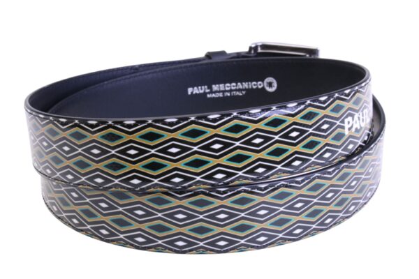MEN'S BELT BLACK, BEIGE AND WHITE WITH GEOMETRIC FANTASY MADE OF LORRY TARPAULIN.