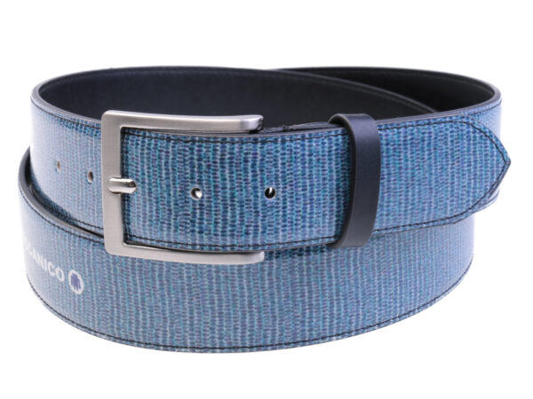 LIGHT BLUE MEN'S BELT MADE OF LORRY TARPAULIN.