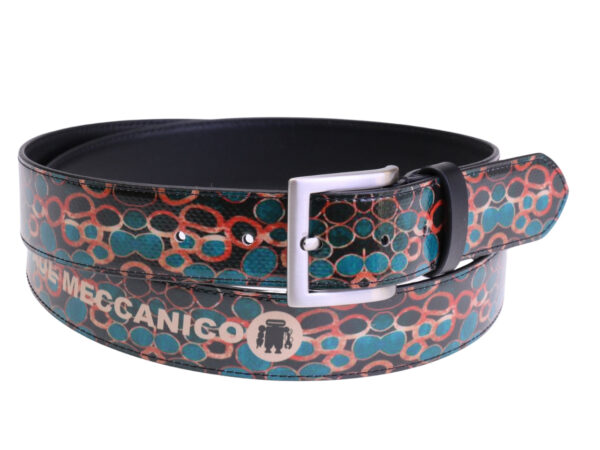....BLACK MEN'S BELT WITH ABSTRACT FANTASY MADE OF LORRY TARPAULIN.