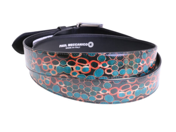 ....BLACK MEN'S BELT WITH ABSTRACT FANTASY MADE OF LORRY TARPAULIN.