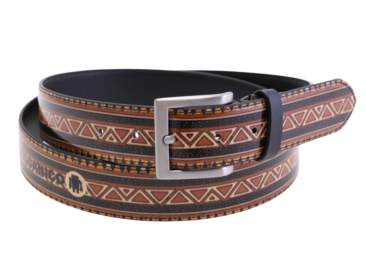 -BROWN MEN'S BELT WITH ETHNIC FANTASY MADE OF LORRY TARPAULIN.