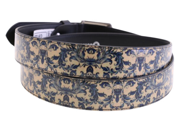 -BEIGE AND BLUE MEN'S BELT WITH FLORAL FANTASY MADE OF LORRY TARPAULIN.