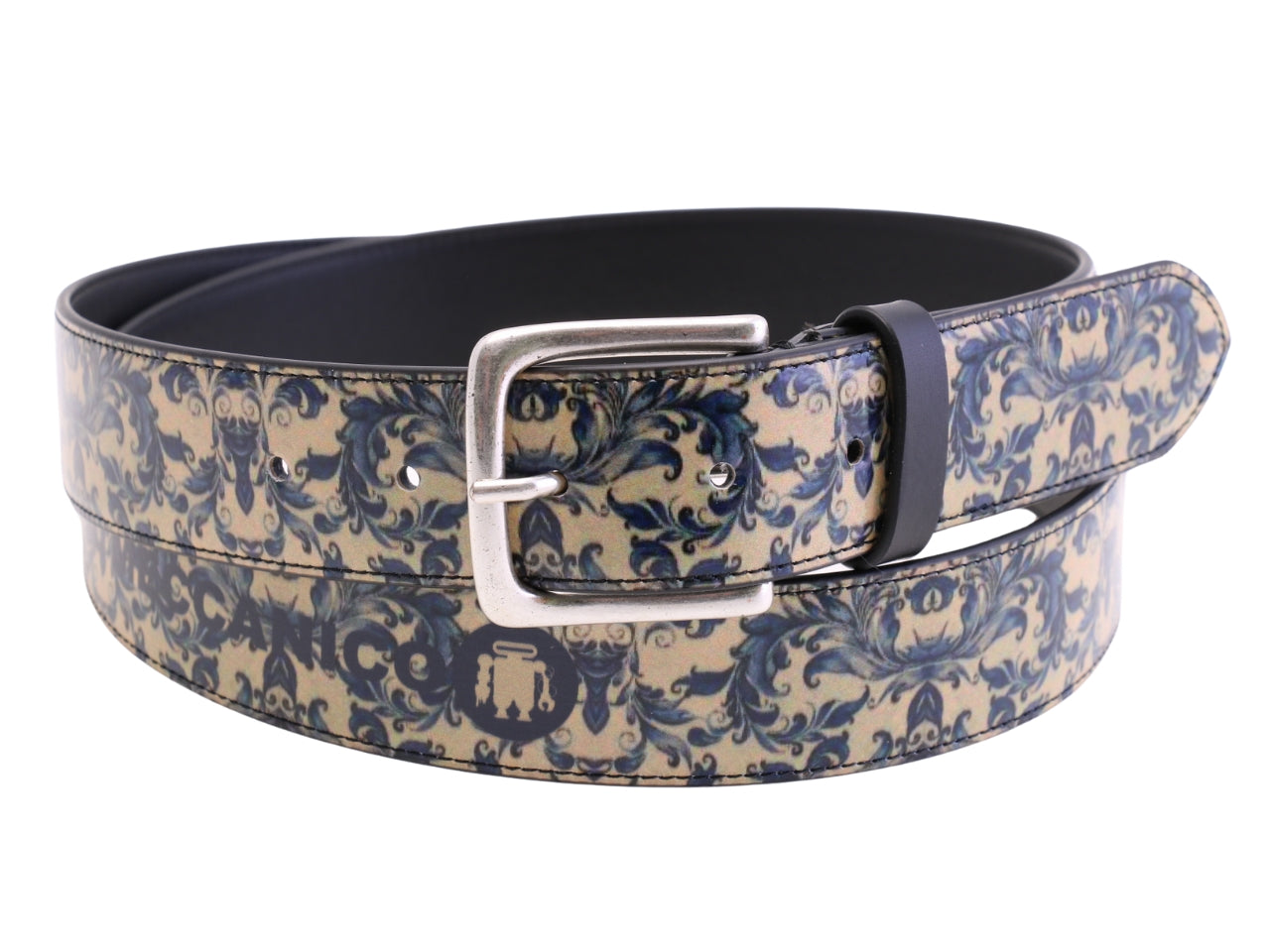 -BEIGE AND BLUE MEN'S BELT WITH FLORAL FANTASY MADE OF LORRY TARPAULIN.