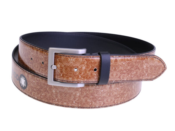 ...BROWN MEN'S BELT "CIRCLES" MADE OF LORRY TARPAULIN.