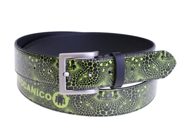 ...BLACK AND GREEN MEN'S BELT WITH ANIMALIER FANTASY MADE OF LORRY TARPAULIN.