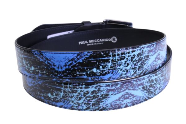 BLACK AND BLUE MEN'S BELT "SPRAY EFFECT" MADE OF LORRY TARPAULIN.