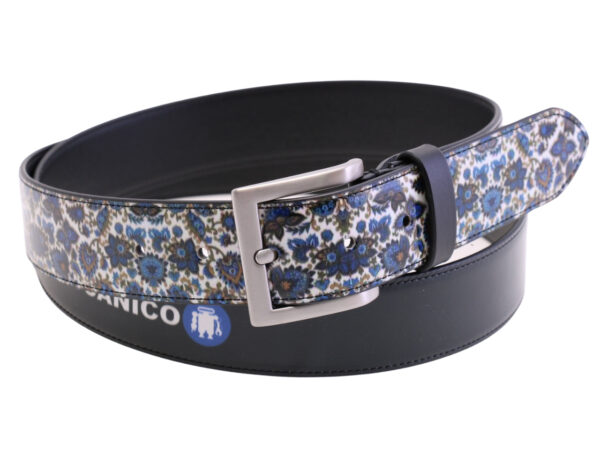 -BLUE MEN'S BELT WITH FLORAL FANTASY MADE OF LORRY TARPAULIN.