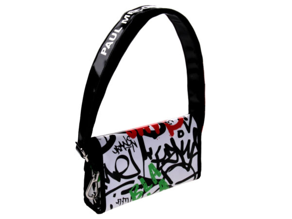 WHITE CLUTCH BAG GRAFFITI FANTASY. MODEL CANDY MADE OF LORRY TARPAULIN.