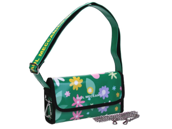 GREEN CLUTCH BAG FLORAL FANTASY. MODEL CANDY MADE OF LORRY TARPAULIN.