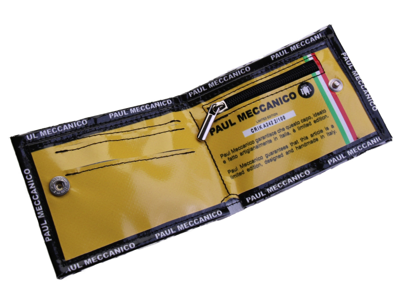 PORTAFOGLIO DA UOMO IN BIANCO E NERO CON FANTASIA PAISLEY. MODELLO CRIK REALIZZATO CON TELONI DI CAMION.