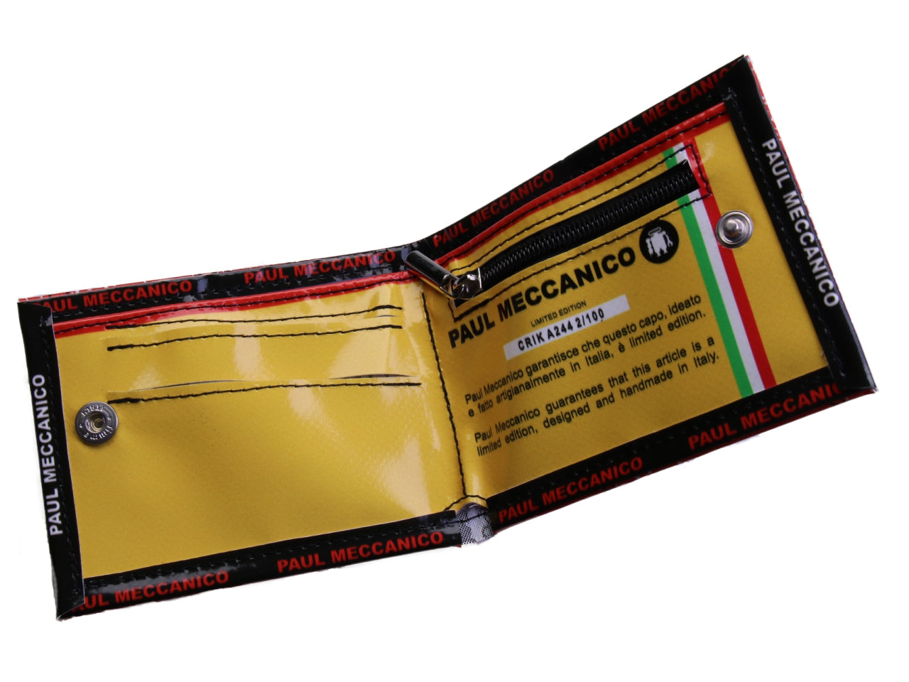 PORTAFOGLIO DA UOMO ROSSO CON FANTASIA PAISLEY. MODELLO CRIK REALIZZATO CON TELONI DI CAMION.