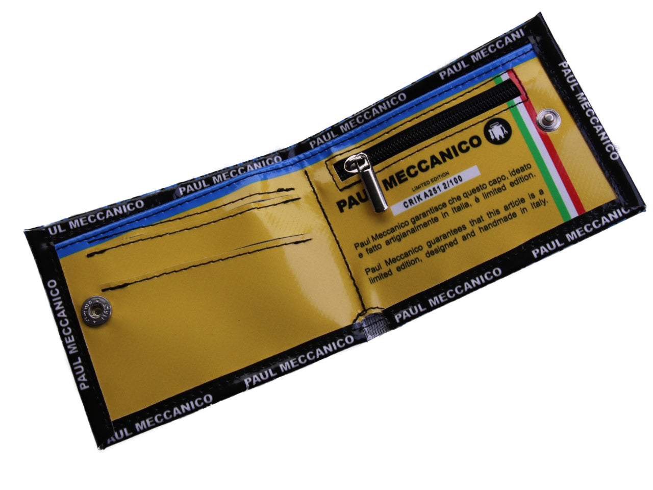 PORTAFOGLIO DA UOMO BLU CON FANTASIA PAISLEY. MODELLO CRIK REALIZZATO CON TELONI DI CAMION.