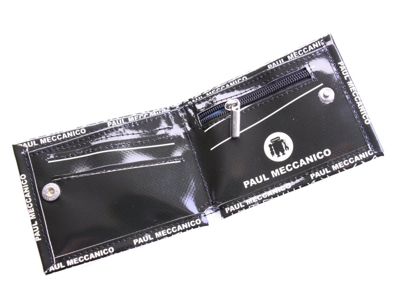 PORTAFOGLIO DA UOMO BIANCO E NERO FANTASIA LABIRINTO. MODELLO CRIK REALIZZATO CON TELONI DI CAMION.