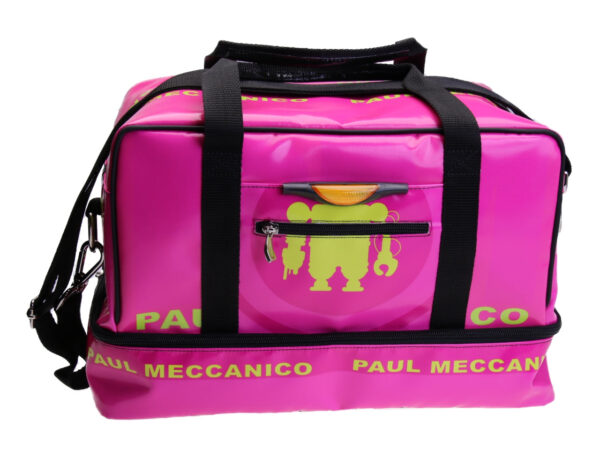 FUCHSIA HAND LUGGAGE BAG 40 X 20 X 25 CM. MODEL FLYME MADE OF LORRY TARPAULIN.