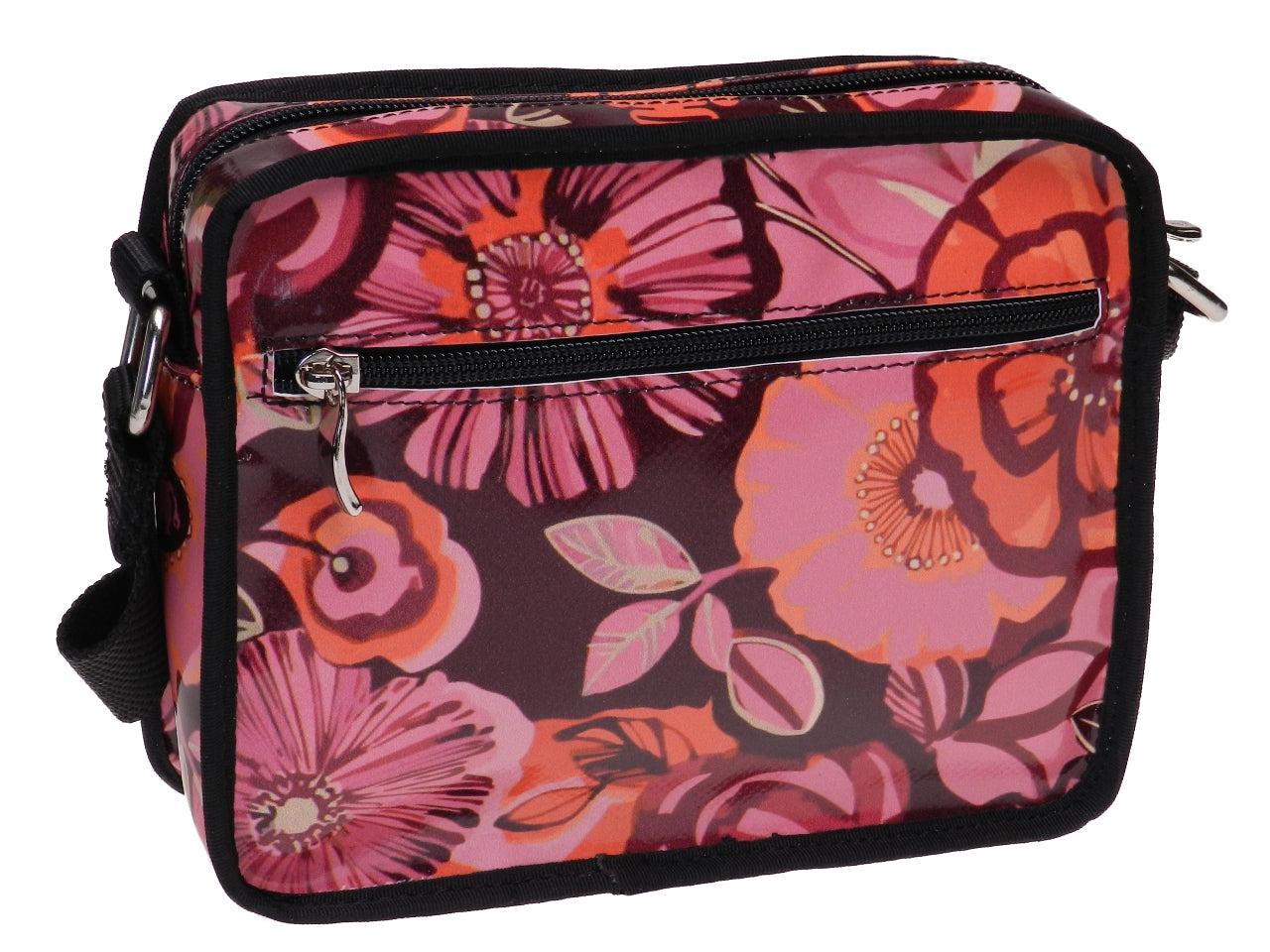 BORSA PICCOLA CROSSBODY ROSA FANTASIA FLOREALE. MODELLO FRIK REALIZZATO CON TELONI DI CAMION.