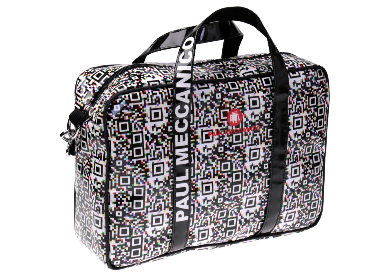 BLACK AND WHITE WOMEN'S BRIEFCASE PIXEL FANTASY. MODEL KART MADE OF LORRY TARPAULIN.