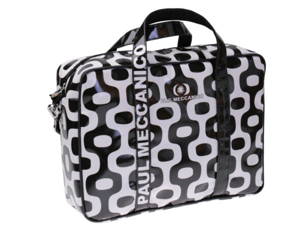 BLACK AND WHITE WOMEN'S BRIEFCASE GEOMETRIC FANTASY. MODEL KART MADE OF LORRY TARPAULIN.