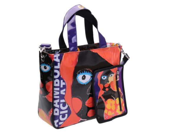 TOTE BAG "BAMBOLA RICICLATA" BY PAUL ALBERT DARI. MODEL GLAM MADE OF LORRY TARPAULIN. BOOK "LA PITTURA E' DONNA INCLUDED IN THE PRICE"