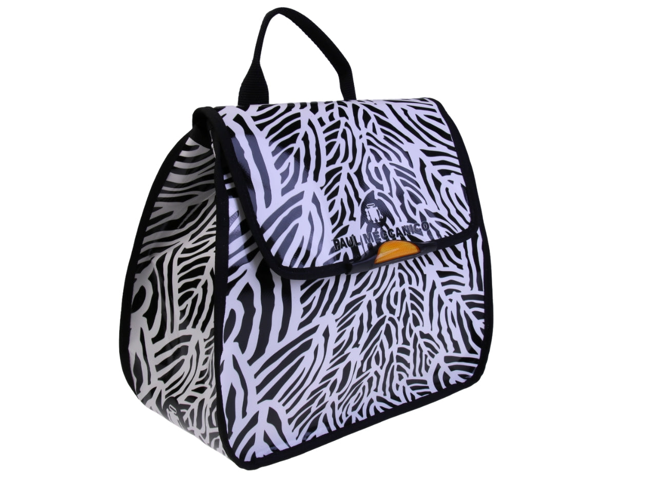 ...BLACK AND WHITE WOMEN'S "BACK BAG" WITH ANIMALIER FANTASY. MODEL PULP MADE OF LORRY TARPAULIN.