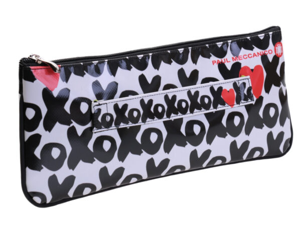 BLACK AND WHITE CLUTCH BAG "X0X0". MODEL RIBELLA MADE OF LORRY TARPAULIN.