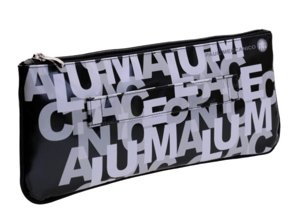 BLACK AND WHITE CLUTCH BAG LETTER FANTASY. MODEL RIBELLA MADE OF LORRY TARPAULIN.