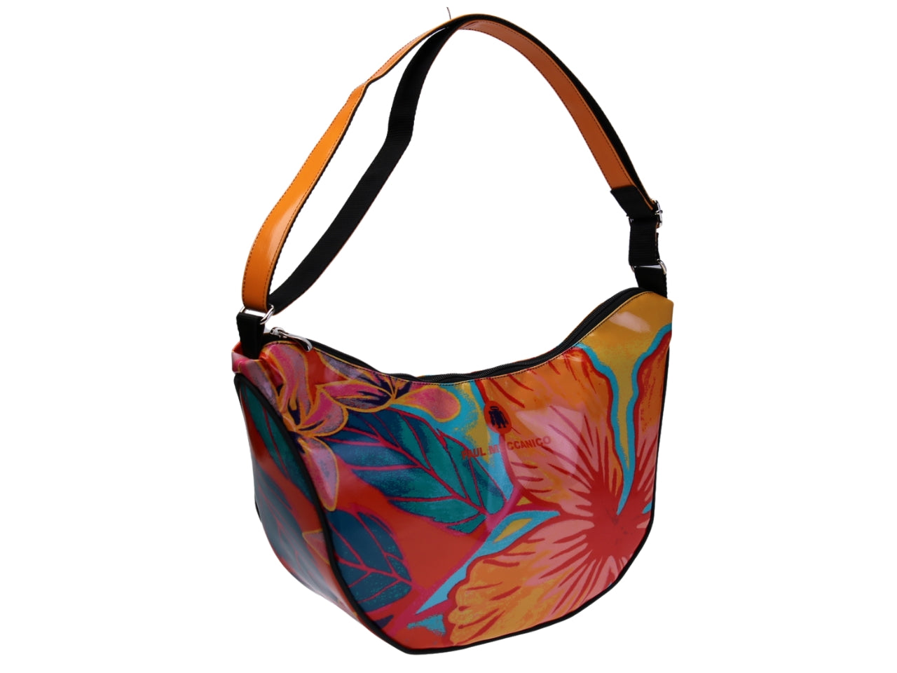 ...CRESCENT BAG RED COLOUR WITH FLORAL FANTASY. MODEL SPLIT MADE OF LORRY TARPAULIN.