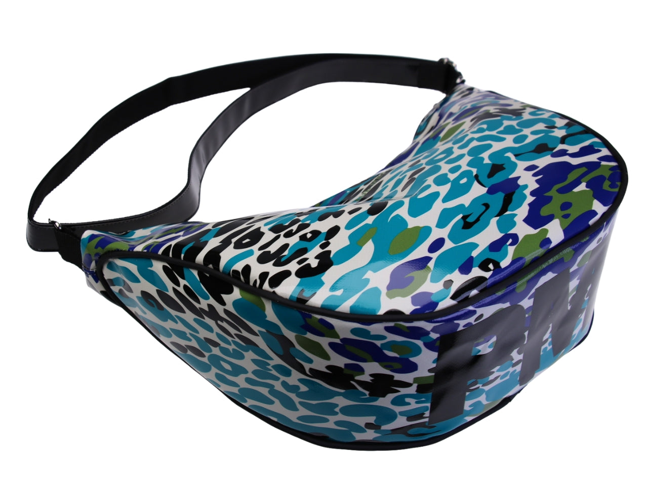 ...BORSA A MEZZALUNA DI COLORE AZZURRO CON FANTASIA ANIMALIER. MODELLO DIVISO IN TELONI DI CAMION.