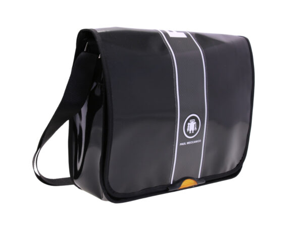 BLACK MESSENGER BAG. MODEL SPOT MADE OF LORRY TARPAULIN.